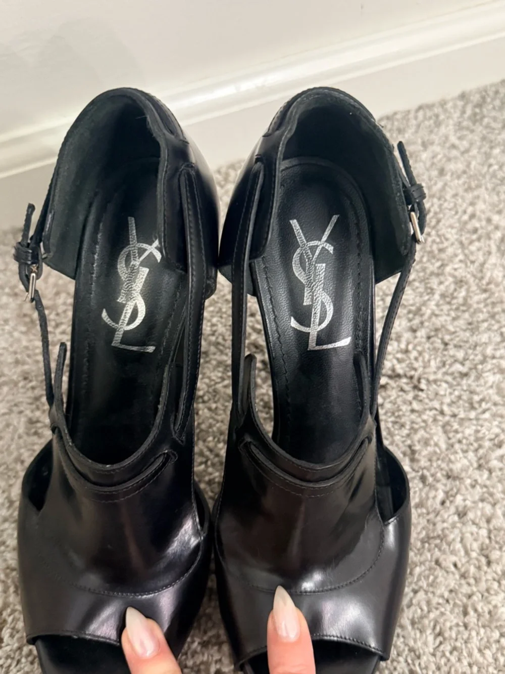 Yves Saint Laurent Black Leather Platform Peep-Toe Heels